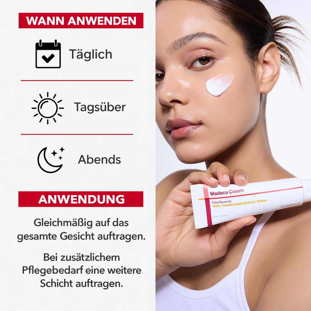 Anwendung der Centellian24 Madeca Cream Time Reverse auf Gesicht und Hals